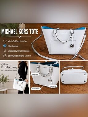 Michael Kors White Saffiano Leather Tote with Blue Interior Trim